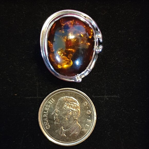 Vintage Cognac Baltic Amber Sterling Silver Art Nouveau–Inspired Floral Ring - Picture 5 of 16